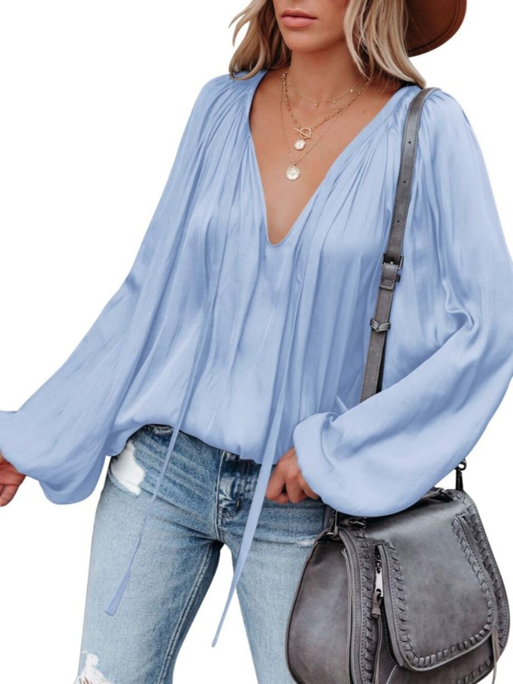 Womens Sexy Deep V Neck Blouse Bell Long Sleeve Satin Flowy Tops